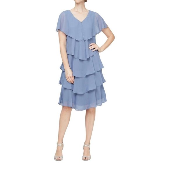 S.L. Fashions Womens Periwinkle Short Sleeve Tiered Chiffon Cocktail Dress Sz 6 - Picture 12 of 14